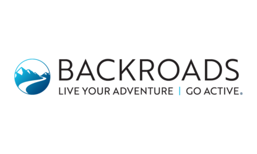 Logo for Backroads featuring mountains and a winding road, with the tagline 