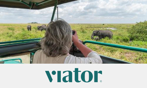 Un groupe de personnes faisant du rafting et une femme en tenue de safari, avec le logo Viator sous les images.
